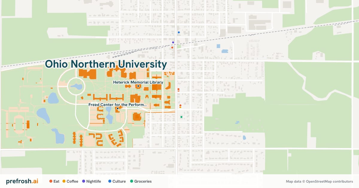 Campus map of Ohio Northern University in Ada, OH, showing Freed Center for the Performing Arts and King-Horn Center, with nearby restaurants, coffee and shops