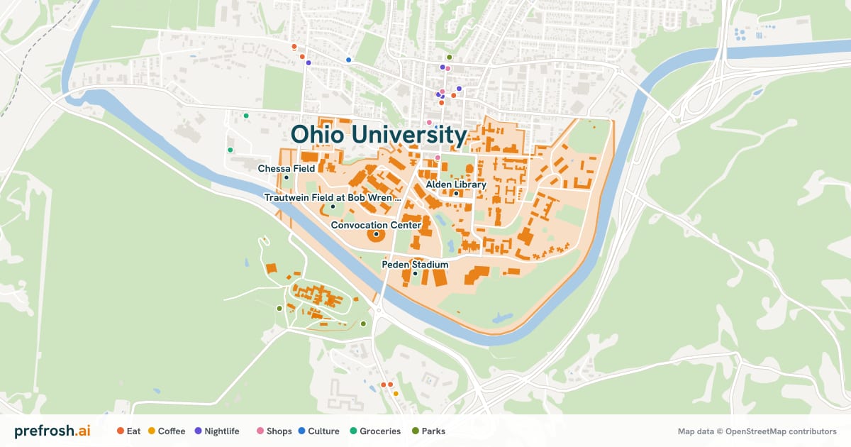 Campus map of Ohio University in Athens, OH, showing Convocation Center, Aquatic Center, Ossian C. Bird Arena and Trautwein Field at Bob Wren Stadium, with nearby restaurants, coffee and shops