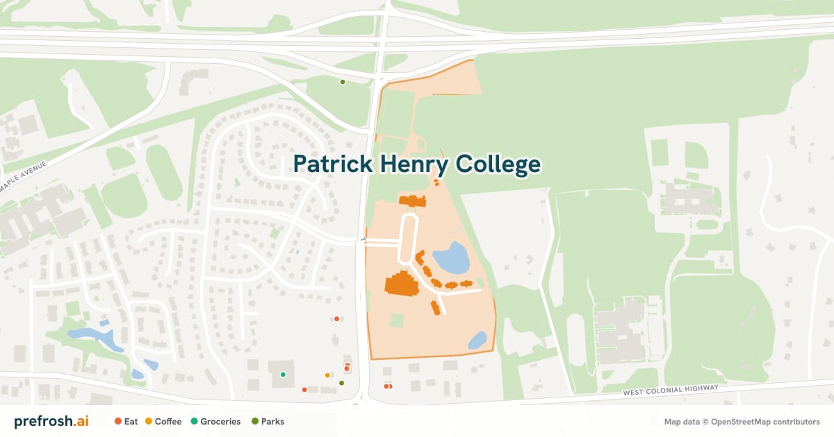 Campus map of Patrick Henry College in Purcellville, VA, with nearby restaurants, coffee and shops
