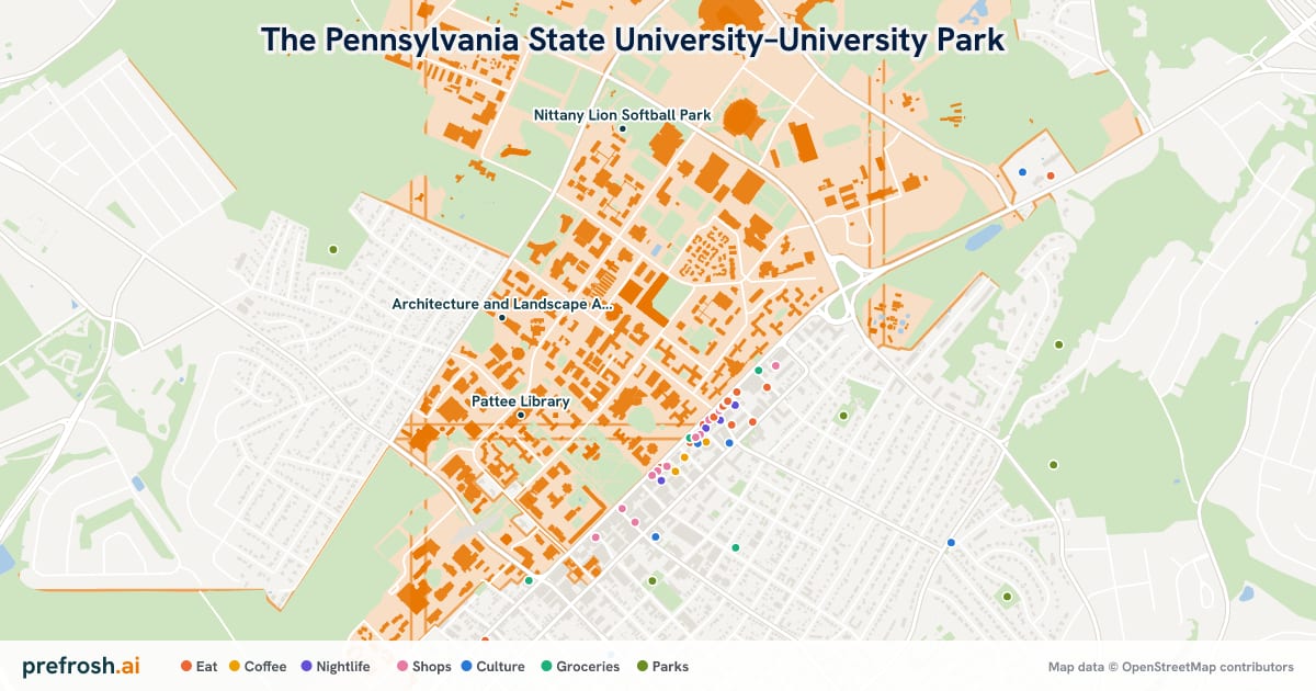 Campus map of The Pennsylvania State University–University Park in University Park, PA, showing Nittany Lion Softball Park, O. Richard Bundy Blue Band Building and Panzer Stadium, with nearby restaurants, coffee and shops