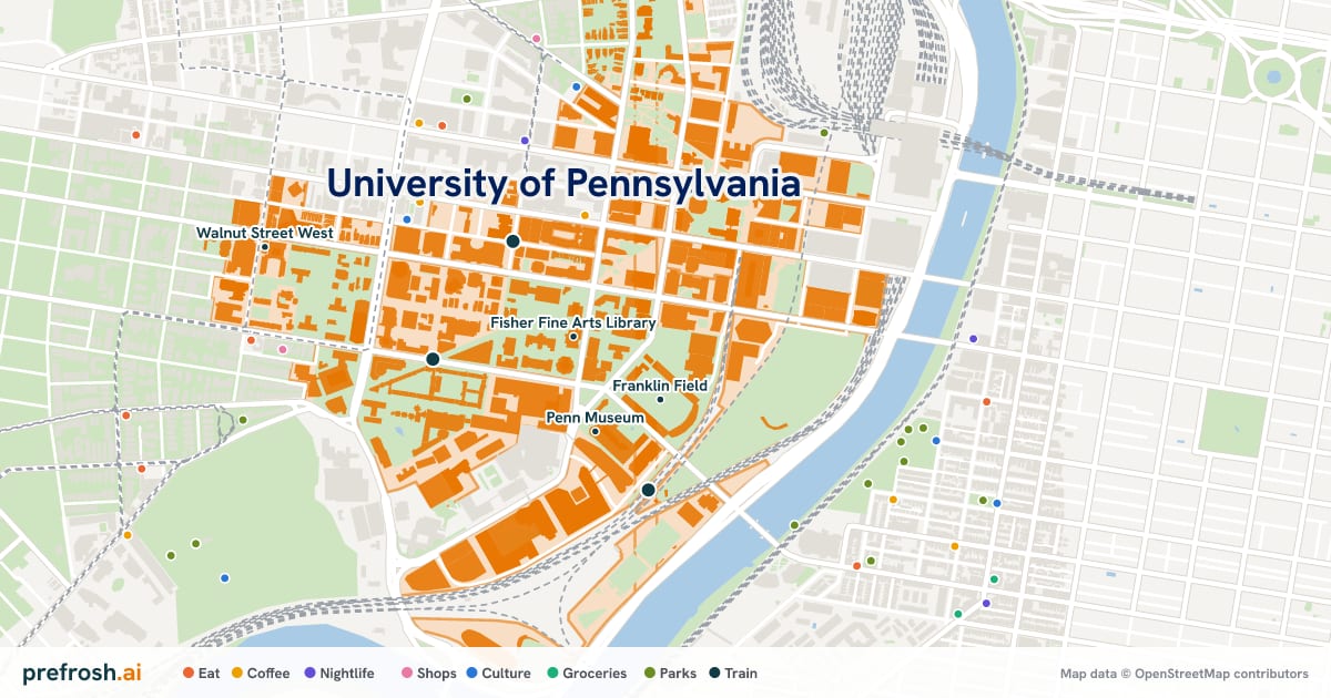 Campus map of University of Pennsylvania in Philadelphia, PA, showing Fisher Fine Arts Library, Penn Museum, Franklin Field and W. W. Hagerty Library, with nearby restaurants, coffee and shops