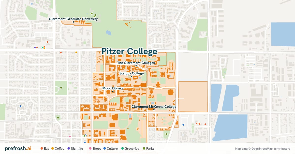 Campus map of Pitzer College in Claremont, CA, showing Scripps College, Denison Library, The Claremont Colleges and Harvey Mudd College, with nearby restaurants, coffee and shops
