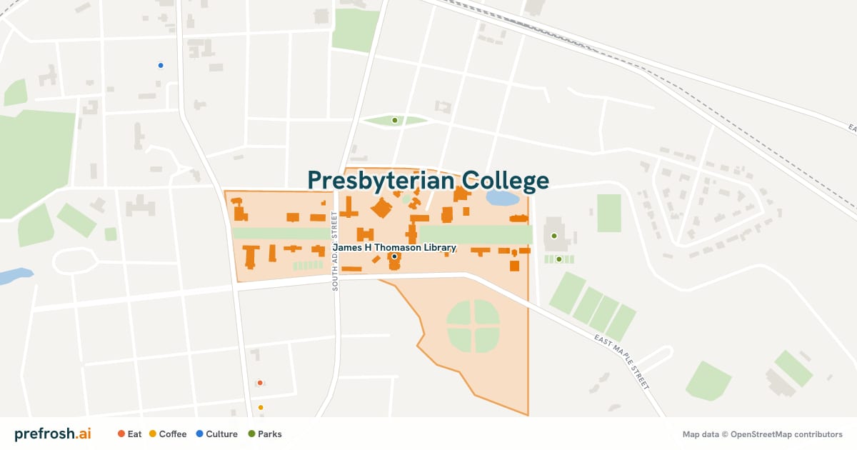 Campus map of Presbyterian College in Clinton, SC, showing James H Thomason Library, with nearby restaurants, coffee and shops