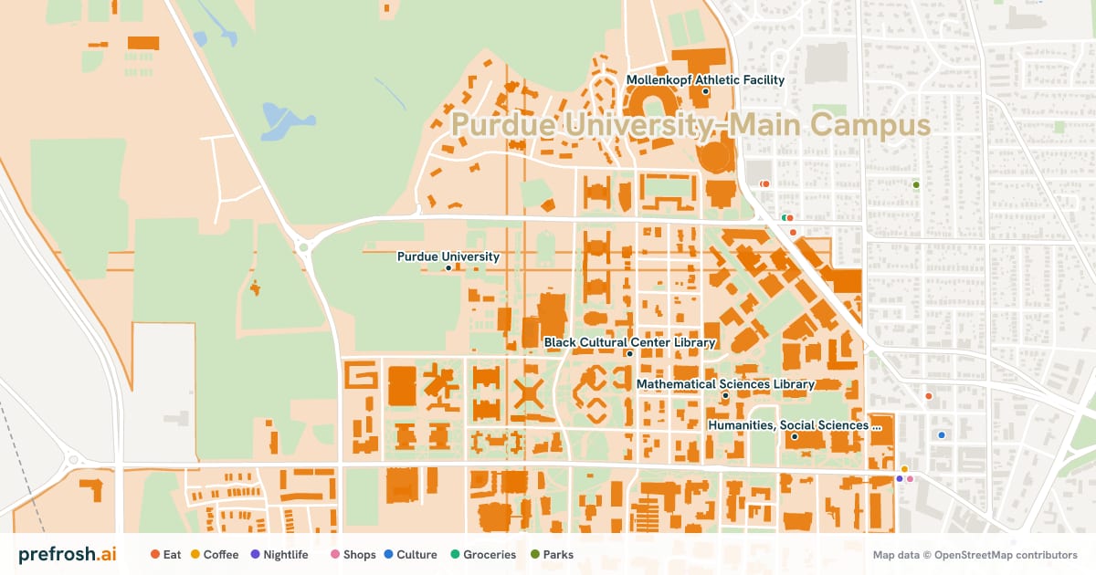 Campus map of Purdue University–Main Campus in West Lafayette, IN, showing Black Cultural Center Library, Mathematical Sciences Library, Library of Engineering and Science and Mackey Arena, with nearby restaurants, coffee and shops