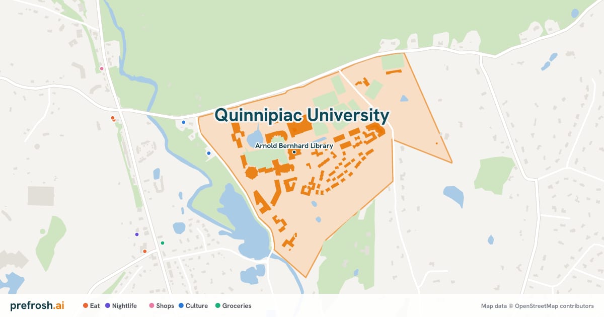 Campus map of Quinnipiac University in Hamden, CT, showing Arnold Bernhard Library, with nearby restaurants, coffee and shops