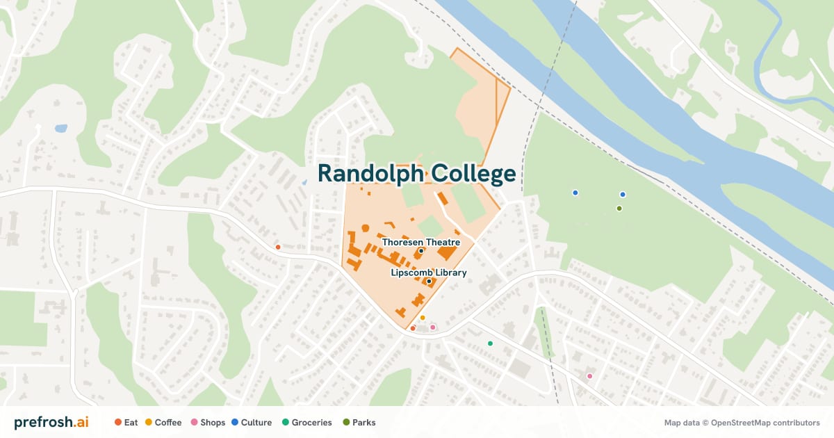 Campus map of Randolph College in Lynchburg, VA, showing WildCat Stadium and Thoresen Theatre, with nearby restaurants, coffee and shops