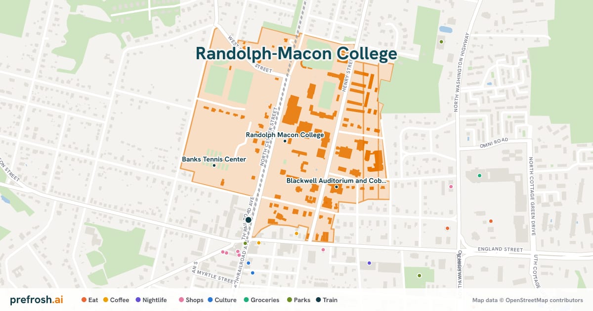 Campus map of Randolph-Macon College in Ashland, VA, showing Randolph Macon College, Crenshaw and Alumni Gyms and McGraw-Page Library, with nearby restaurants, coffee and shops