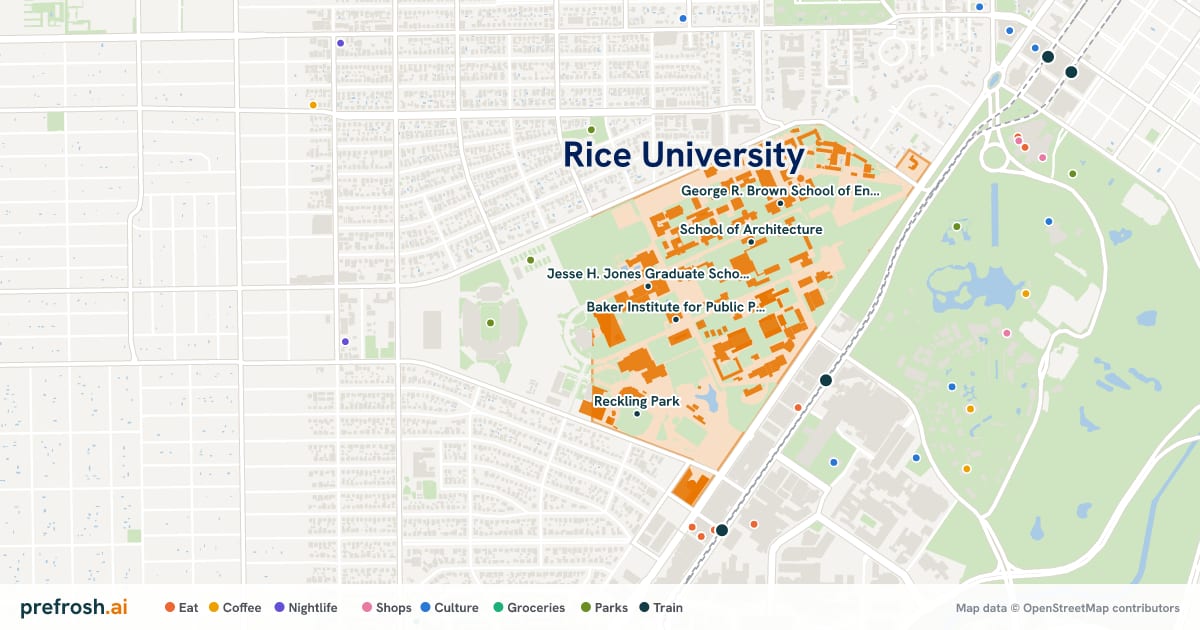 Campus map of Rice University in Houston, TX, showing Baker Institute for Public Policy, School of Social Sciences, Jesse H. Jones Graduate School of Business and School of Humanities, with nearby restaurants, coffee and shops