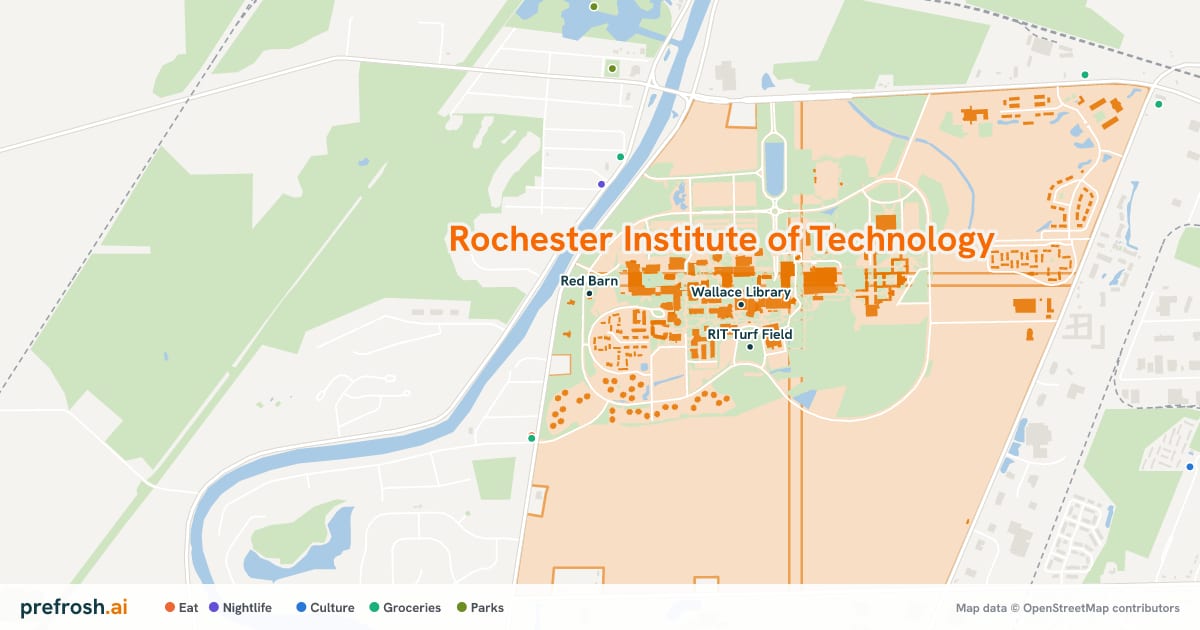 Campus map of Rochester Institute of Technology in Rochester, NY, showing Wallace Library, RIT Turf Field and Cybersecurity Experience Center, with nearby restaurants, coffee and shops