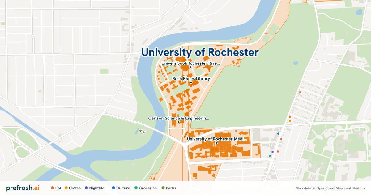 Campus map of University of Rochester in Rochester, NY, showing Rush Rhees Library, University of Rochester River Campus, Carlson Science & Engineering Library and Strong Auditorium, with nearby restaurants, coffee and shops