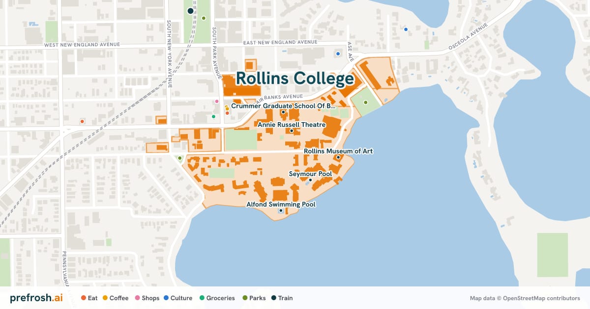 Campus map of Rollins College in Winter Park, FL, showing Annie Russell Theatre, Seymour Pool, Cornell Fine Arts Center and Rollins Museum of Art, with nearby restaurants, coffee and shops