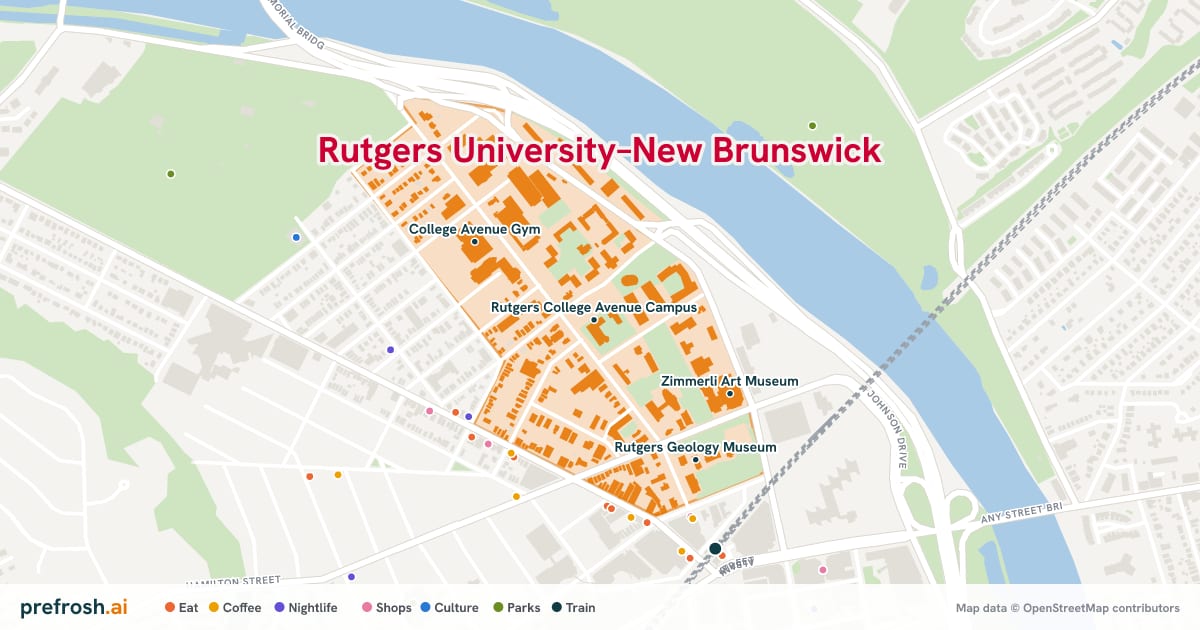 Campus map of Rutgers University–New Brunswick in Piscataway, NJ, showing Rutgers College Avenue Campus, Gardner A Sage Library, College Avenue Gym and Zimmerli Art Museum, with nearby restaurants, coffee and shops