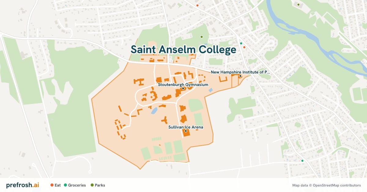 Campus map of Saint Anselm College in Manchester, NH, showing Stoutenburgh Gymnasium, Geisel Library and Sullivan Ice Arena, with nearby restaurants, coffee and shops