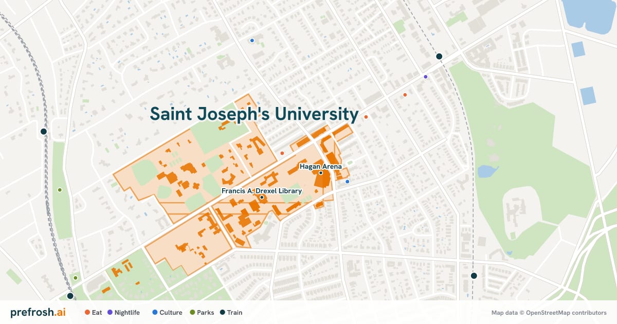 Campus map of Saint Joseph's University in Philadelphia, PA, showing Francis A. Drexel Library and Maguire Art Museum, with nearby restaurants, coffee and shops