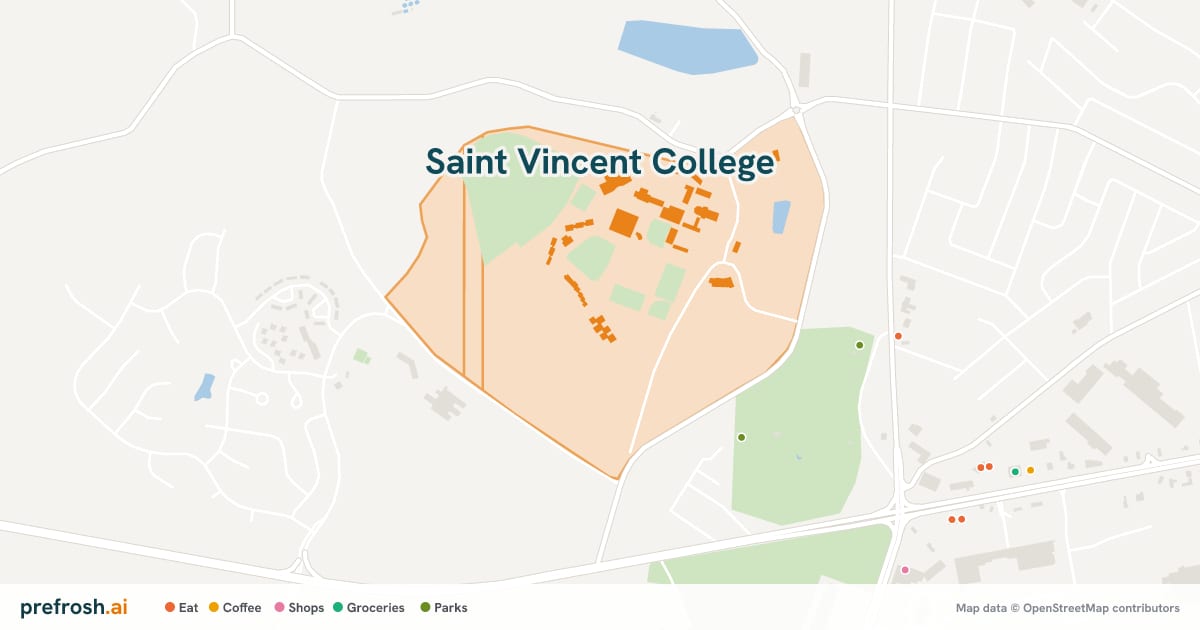 Campus map of Saint Vincent College in Latrobe, PA, with nearby restaurants, coffee and shops