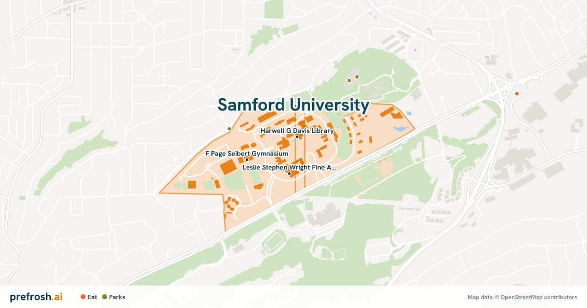 Campus map of Samford University in Birmingham, AL, showing Harwell G Davis Library, Leslie Stephen Wright Fine Arts Center and Harwell G. Davis University Library, with nearby restaurants, coffee and shops