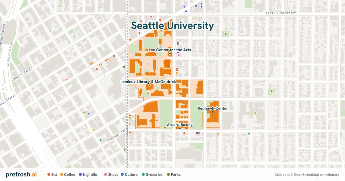 Campus map of Seattle University in Seattle, WA, showing Lemieux Library & McGoldrick Learning Commons, Lee Center for the Arts, Arcaro Boxing and Redhawk Center, with nearby restaurants, coffee and shops