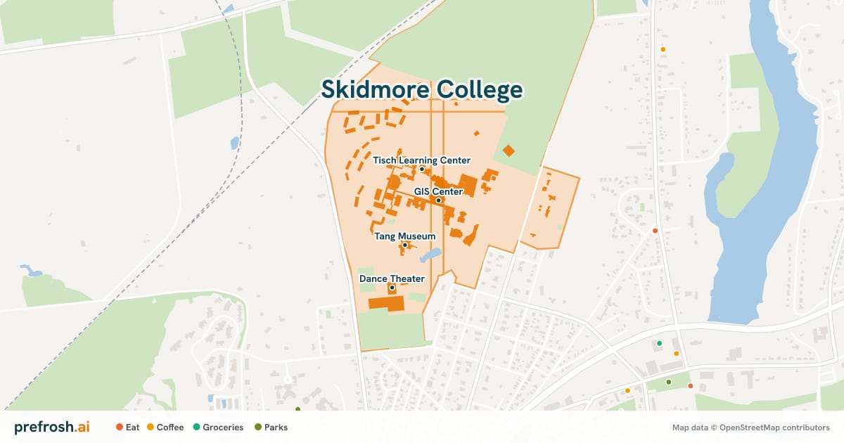 Campus map of Skidmore College in Saratoga Springs, NY, showing GIS Center, Lucy Scribner Library, Tang Museum and Janet Kinghorn Bernhard Theater, with nearby restaurants, coffee and shops