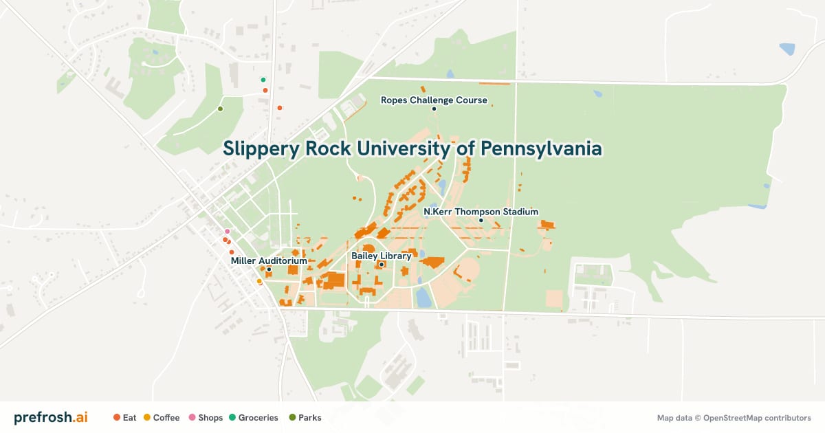 Campus map of Slippery Rock University of Pennsylvania in Slippery Rock, PA, showing Slippery Rock University, Bailey Library, N.Kerr Thompson Stadium and Jack Critchfield Park, with nearby restaurants, coffee and shops