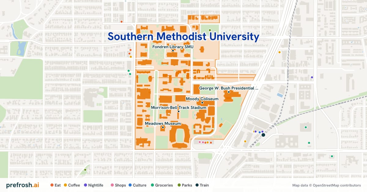 Campus map of Southern Methodist University in Dallas, TX, showing Morrison-Bell Track Stadium, Moody Coliseum, Bridwell Library and Meadows Museum, with nearby restaurants, coffee and shops