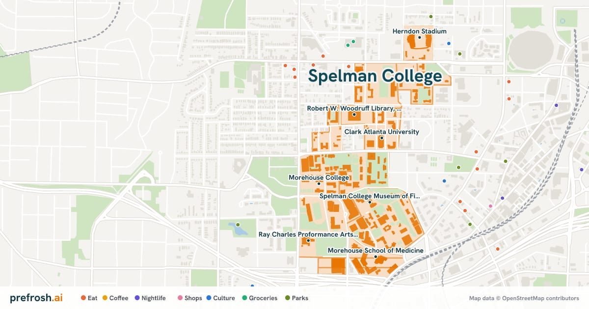 Campus map of Spelman College in Atlanta, GA, showing Clark Atlanta University, Robert W. Woodruff Library, Atlanta University Center, Spelman College Museum of Fine Art and Morehouse College, with nearby restaurants, coffee and shops