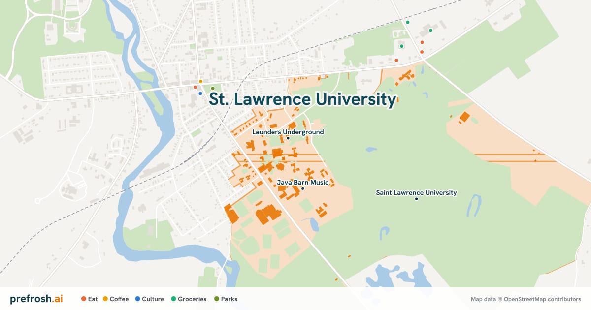 Campus map of St. Lawrence University in Canton, NY, showing Launders Underground, NC 109 and Gulick Theatre, with nearby restaurants, coffee and shops
