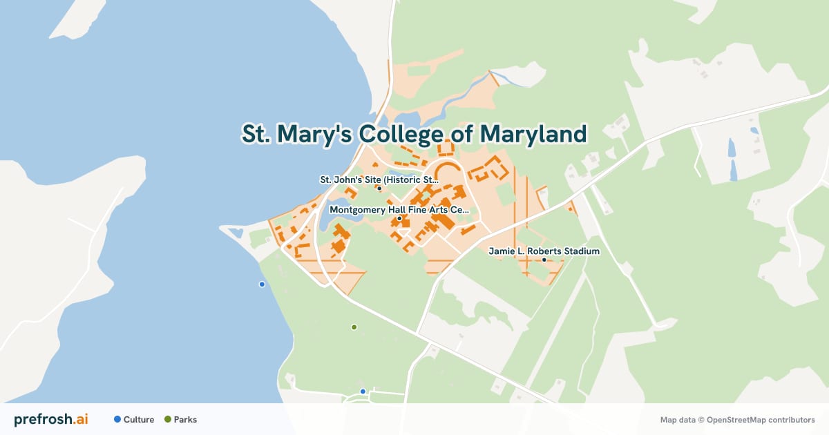 Campus map of St. Mary's College of Maryland in St. Marys City, MD, showing Montgomery Hall Fine Arts Center, Michael P. O'Brien Athletics and Recreation Center and St. John's Site (Historic St. Mary's City), with nearby restaurants, coffee and shops
