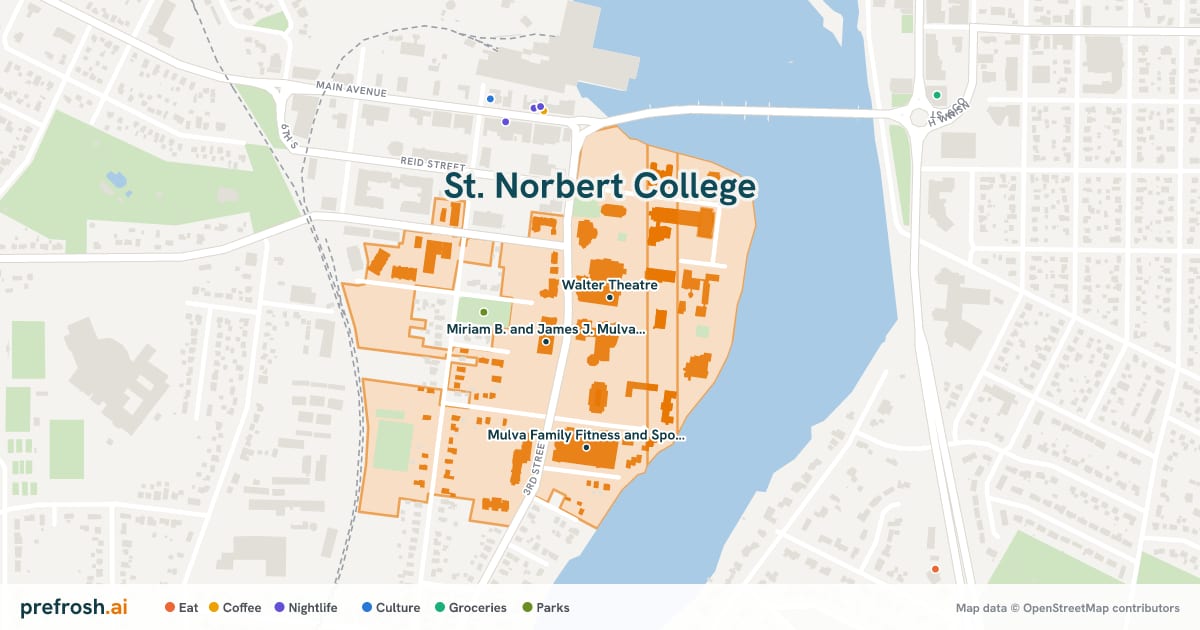 Campus map of St. Norbert College in De Pere, WI, showing Walter Theatre, Webb Theatre and Miriam B. and James J. Mulva Library, with nearby restaurants, coffee and shops
