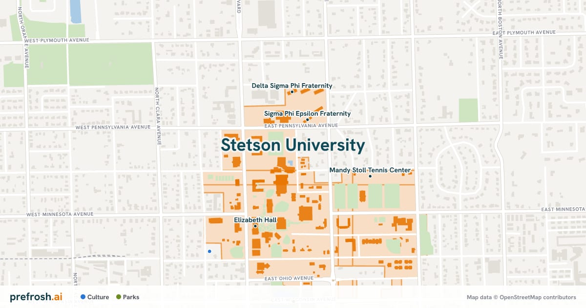 Campus map of Stetson University in DeLand, FL, showing Sigma Phi Epsilon Fraternity, Fraternity House "D", Delta Sigma Phi Fraternity and Pi Kappa Alpha Fraternity, with nearby restaurants, coffee and shops