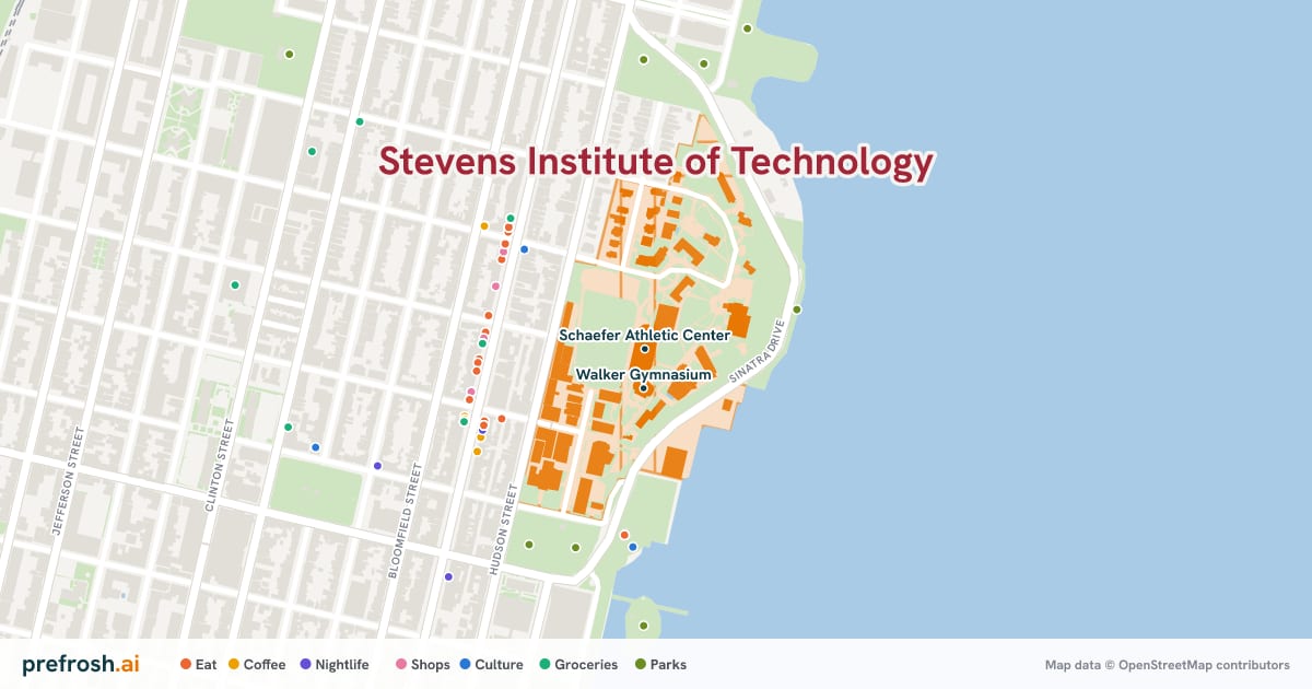 Campus map of Stevens Institute of Technology in Hoboken, NJ, showing Schaefer Athletic Center and Samuel C. Williams Library, with nearby restaurants, coffee and shops