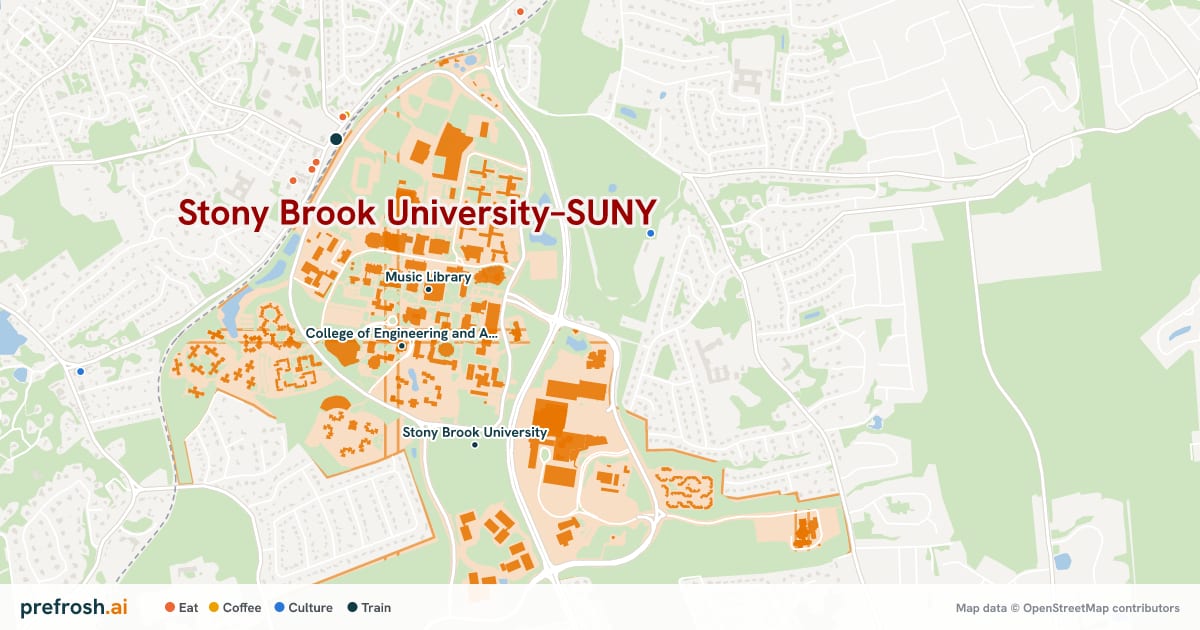 Campus map of Stony Brook University–SUNY in Stony Brook, NY, showing Music Library, Frank Melville Jr. Memorial Library and College of Engineering and Applied Sciences, with nearby restaurants, coffee and shops