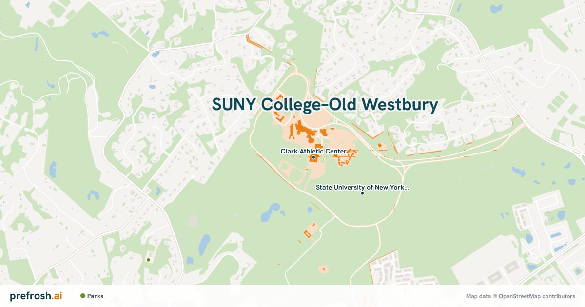 Campus map of SUNY College–Old Westbury in Old Westbury, NY, showing Clark Athletic Center and Academic Village, with nearby restaurants, coffee and shops
