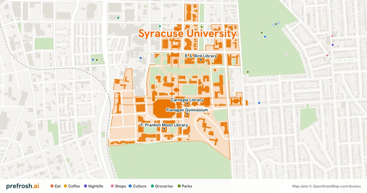 Campus map of Syracuse University in Syracuse, NY, showing Carnegie Library, Lowe Art Gallery, Flanagan Gymnasium and JMA Wireless Dome, with nearby restaurants, coffee and shops