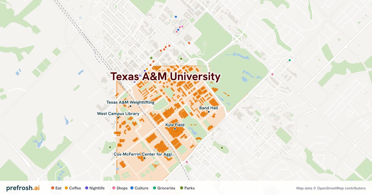 Campus map of Texas A&M University in College Station, TX, showing Kyle Field, Swaim Amphitheater, Cushing Memorial Library and Texas A&M Weightlifting, with nearby restaurants, coffee and shops