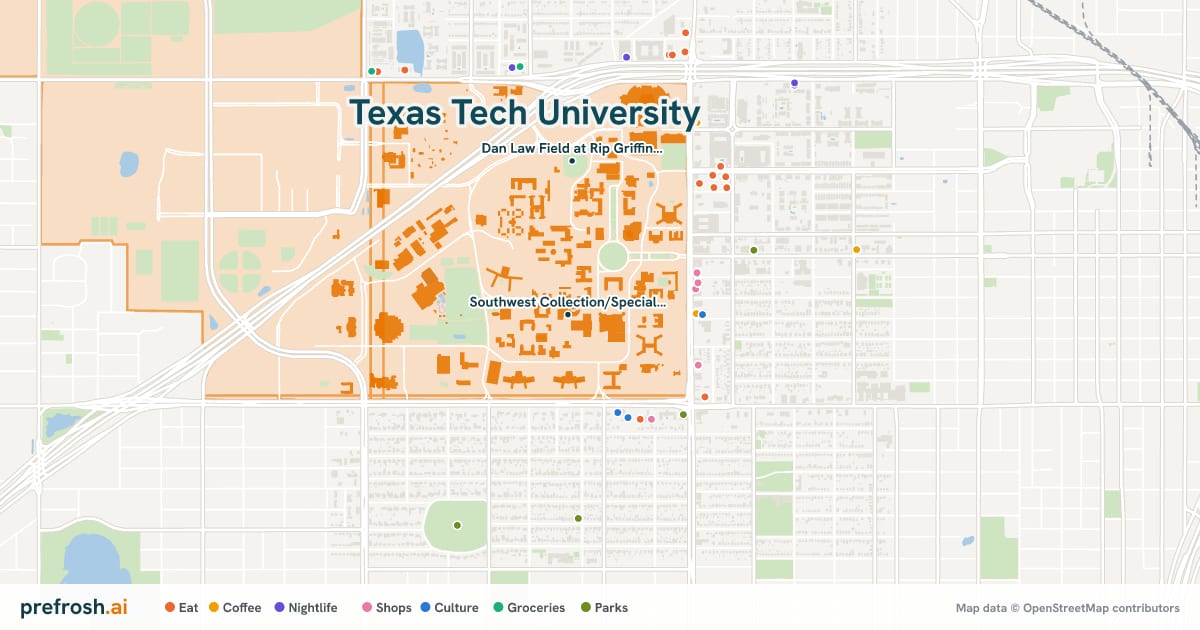 Campus map of Texas Tech University in Lubbock, TX, showing Dan Law Field at Rip Griffin Park and Southwest Collection/Special Collection Library, with nearby restaurants, coffee and shops