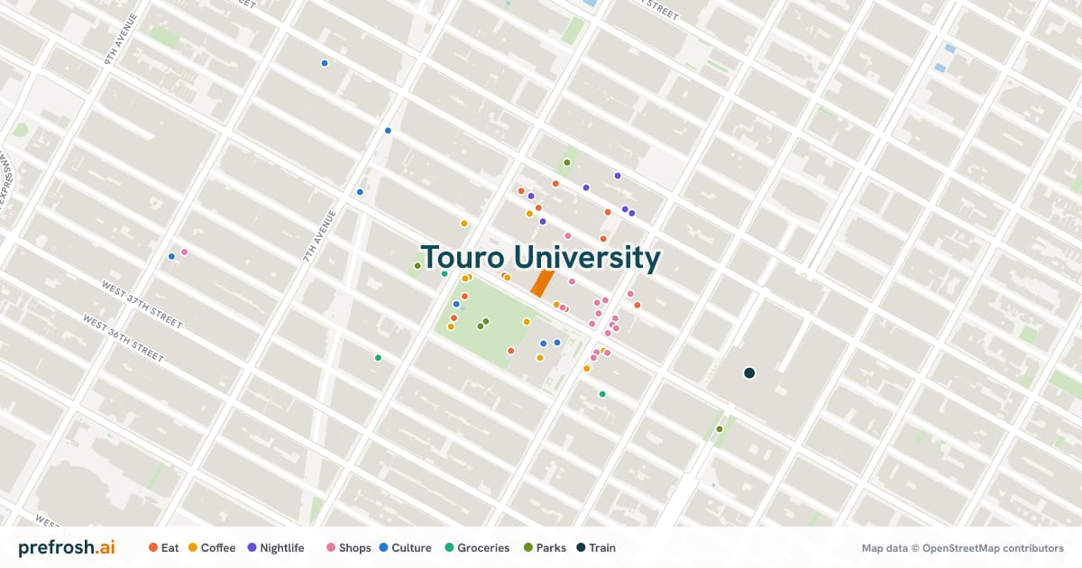 Campus map of Touro University in New York, NY, showing SUNY State College of Optometry, with nearby restaurants, coffee and shops