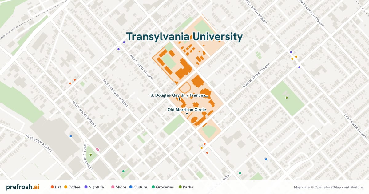 Campus map of Transylvania University in Lexington, KY, showing J. Douglas Gay Jr. / Frances Carrick Thomas Library and Old Morrison Circle, with nearby restaurants, coffee and shops