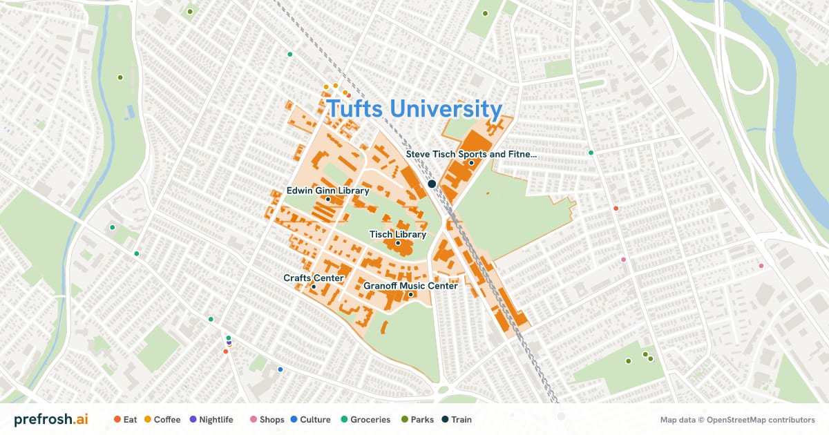 Campus map of Tufts University in Medford, MA, showing Tisch Library, Granoff Music Center, Steve Tisch Sports and Fitness Center and Squash Center, with nearby restaurants, coffee and shops
