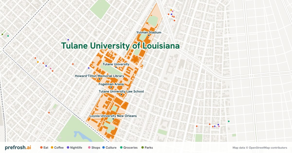 Campus map of Tulane University of Louisiana in New Orleans, LA, showing Tulane University, Fogelman Arena, Tulane University Law School and Howard Tilton Memorial Library, with nearby restaurants, coffee and shops