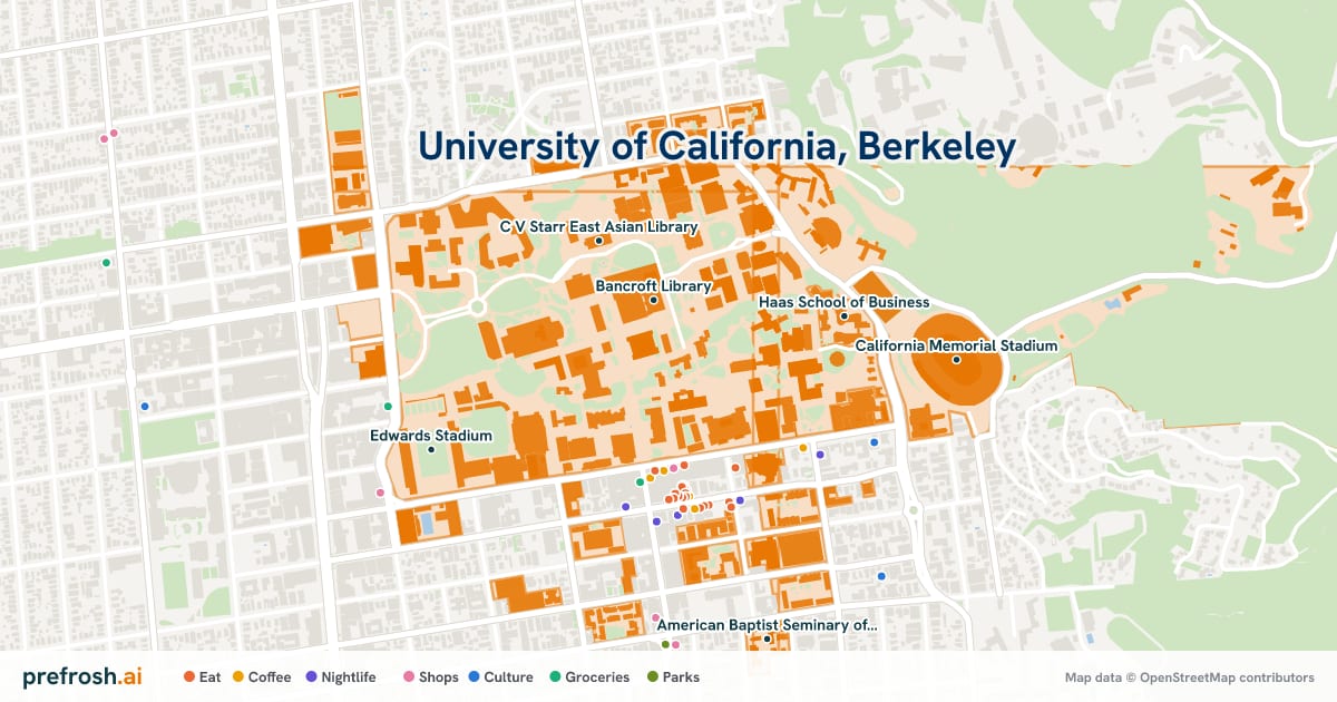 Campus map of University of California, Berkeley in Berkeley, CA, showing Bancroft Library, Main Stacks, Doe Memorial Library and Haas School of Business, with nearby restaurants, coffee and shops