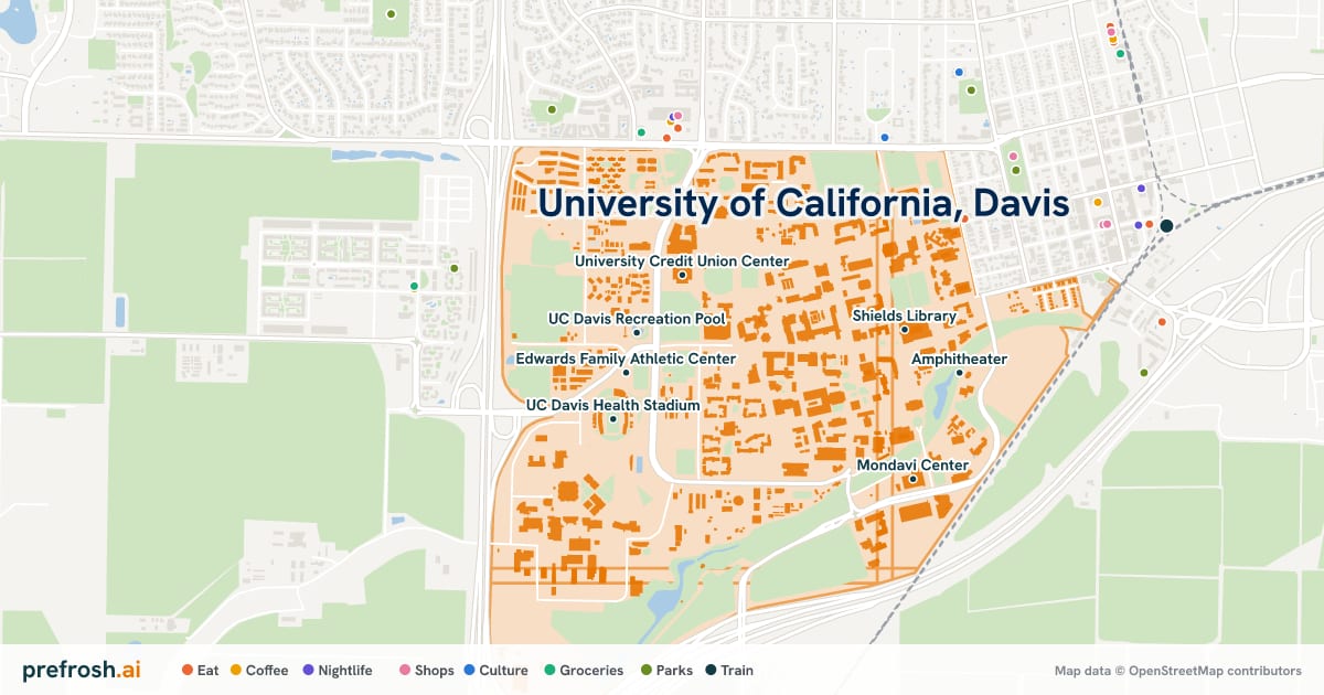 Campus map of University of California, Davis in Davis, CA, showing Shields Library, University Credit Union Center, Amphitheater and Wyatt Theater, with nearby restaurants, coffee and shops