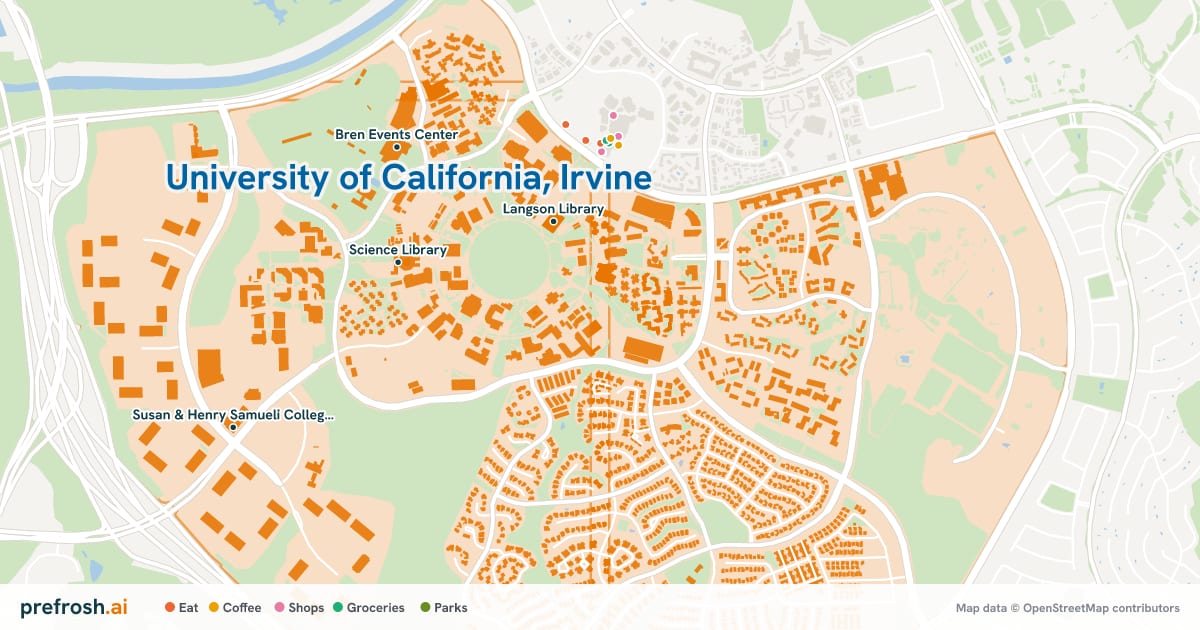 Campus map of University of California, Irvine in Irvine, CA, showing Science Library, Anteater Aquatics Complex, Bren Events Center and Langson Library, with nearby restaurants, coffee and shops