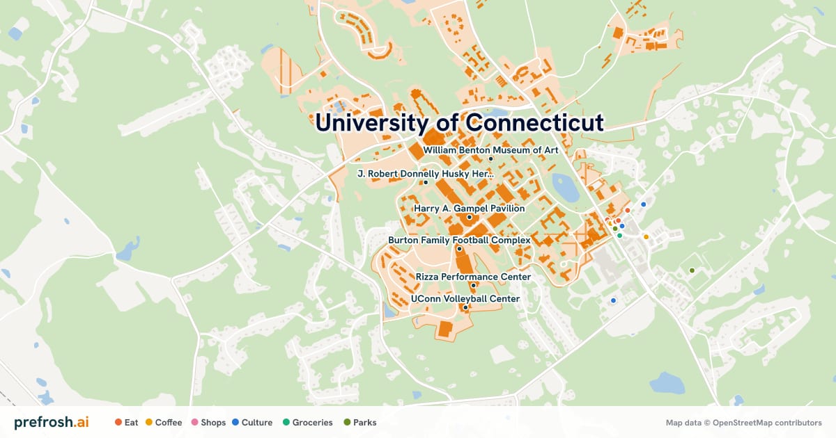 Campus map of University of Connecticut in Storrs, CT, showing Harry A. Gampel Pavilion, Burton Family Football Complex, J. Robert Donnelly Husky Heritage Sports Museum and Homer D. Babbidge Library, with nearby restaurants, coffee and shops