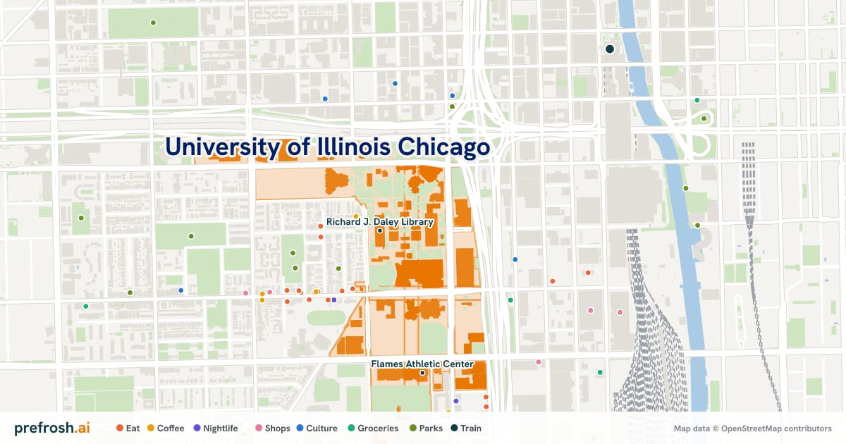 Campus map of University of Illinois Chicago in Chicago, IL, showing Richard J. Daley Library and UIC Theatre, with nearby restaurants, coffee and shops