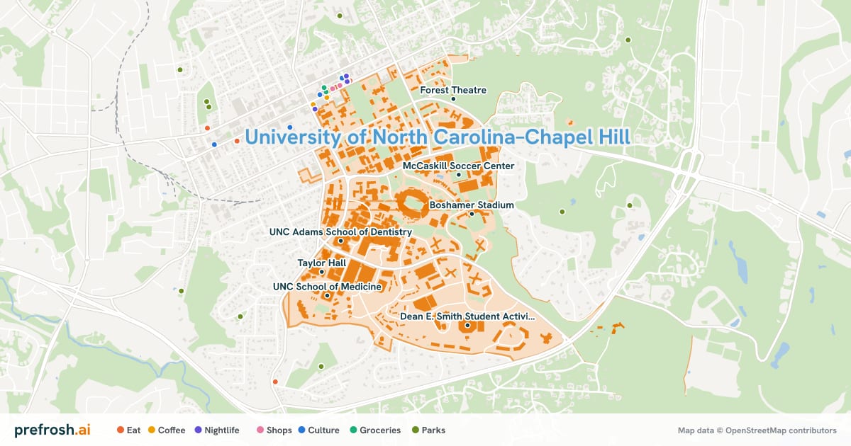 Campus map of University of North Carolina–Chapel Hill in Chapel Hill, NC, showing Boshamer Stadium, McCaskill Soccer Center, Carmichael Auditorium and UNC Adams School of Dentistry, with nearby restaurants, coffee and shops