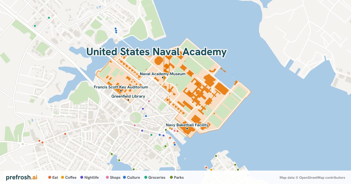 Campus map of United States Naval Academy in Annapolis, MD, showing Naval Academy Museum, Greenfield Library, Iglehart Hall and Francis Scott Key Auditorium, with nearby restaurants, coffee and shops