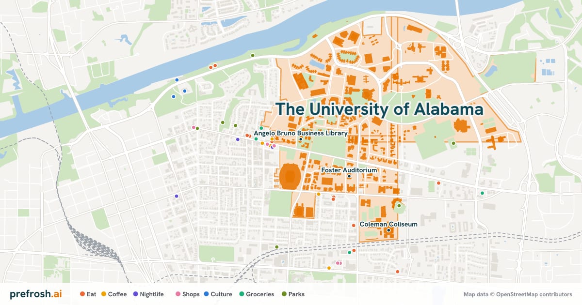 Campus map of The University of Alabama in Tuscaloosa, AL, showing Foster Auditorium, Rodgers Library and Bryant-Jordan Hall, with nearby restaurants, coffee and shops