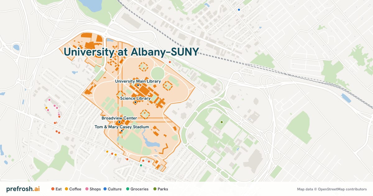Campus map of University at Albany–SUNY in Albany, NY, showing Science Library, University at Albany, State University of New York, University at Albany, The State University of New York and University Main Library, with nearby restaurants, coffee and shops
