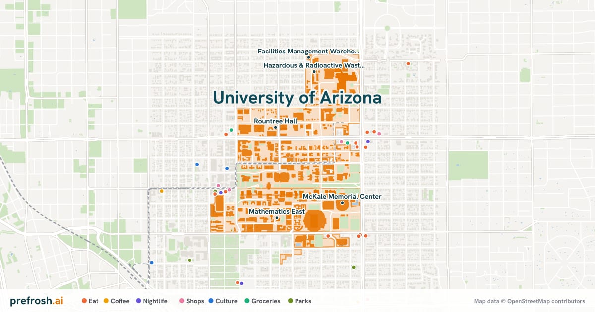 Campus map of University of Arizona in Tucson, AZ, showing Rountree Hall, McClelland Hall, McKale Memorial Center and Mathematics East, with nearby restaurants, coffee and shops