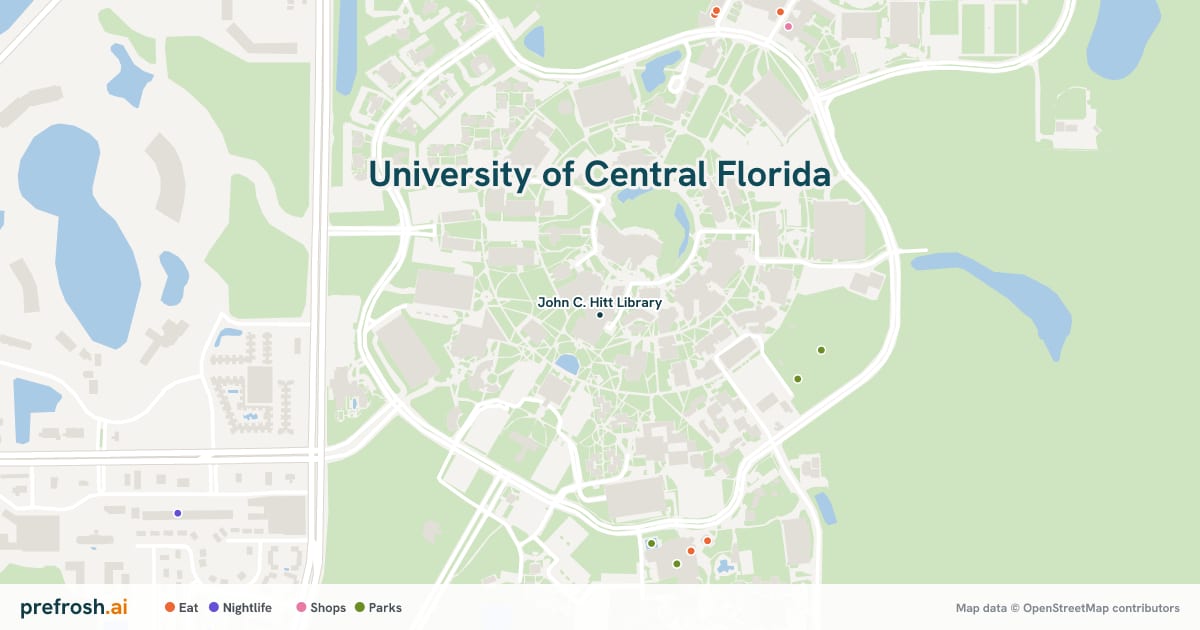 Campus map of University of Central Florida in Orlando, FL, showing John C. Hitt Library, with nearby restaurants, coffee and shops